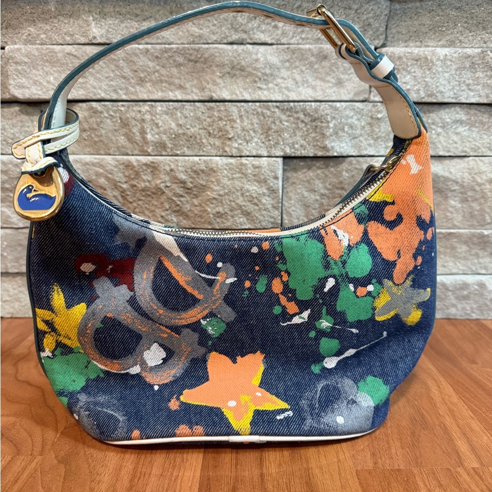 Vintage Dooney & Bourke Denim Graffiti Painted Bag with Leather Top Strap
